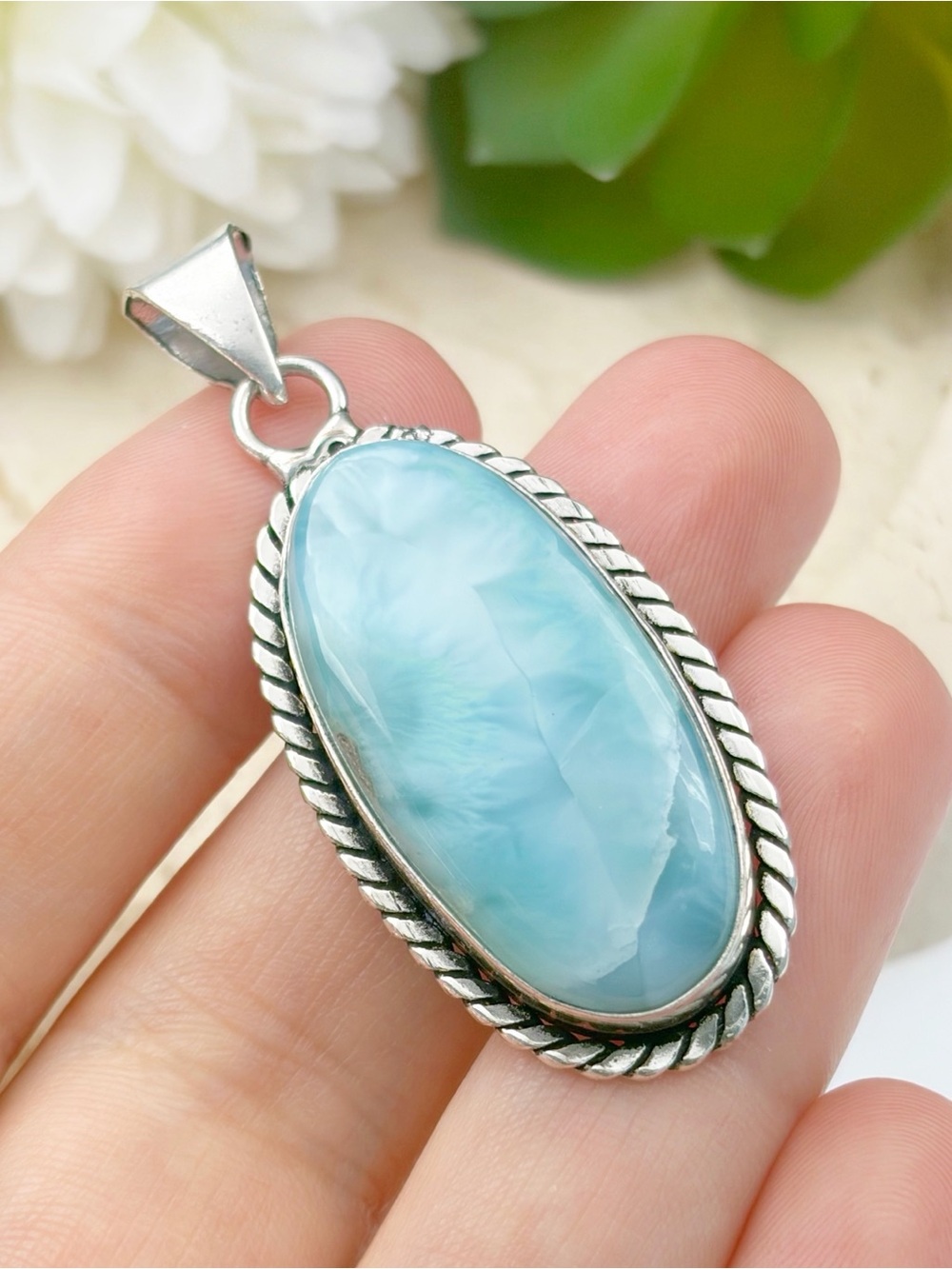 Chunky Larimar Gemstone Pendant Elongated Oval Boho Southwest Vintage Style 925